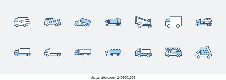 Juego de camiones de Iconos de línea de vectores de transporte. Contiene íconos como Camión, Transporte, Camión de remolque, Grúa, Mezclador, Camión de basura, Manipuladores, Servicio de entrega y más. Stroke editable. 32x32 píxeles