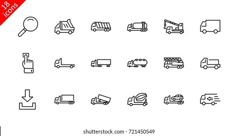 Truck Set of Transport Vector Line Icons. Contains such Icons as Truck, Transportation, Tow Truck, Cranes, Mixer, Garbage Truck, Manipulators, Delivery service and more. Editable Stroke. 32x32 Pixel