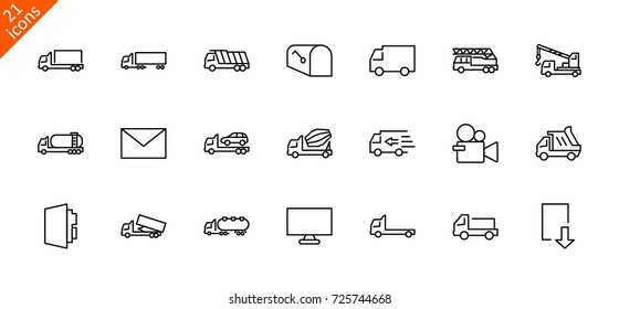 Truck Set of Transport Vector Line Icons. Contains such Icons as Truck, Transportation, Tow Truck, Cranes, Mixer, Garbage Truck, Manipulators, Delivery service and more. Editable Stroke. 