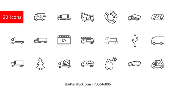 Truck Set of Transport Vector Line Icons. Contains such Icons as Truck, Transportation, Tow Truck, Cranes, Mixer, Garbage Truck, Manipulators, Delivery service and more. Editable Stroke. 32x32 Pixel