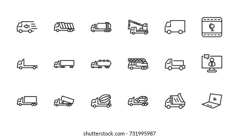 Truck Set of Transport Vector Line Icons. Contains such Icons as Truck, Transportation, Tow Truck, Cranes, Mixer, Garbage Truck, Manipulators, Delivery service and more. Editable Stroke. 32x32 Pixel