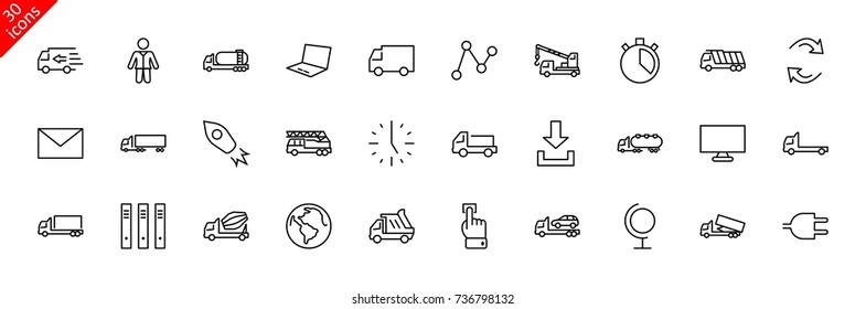 Truck Set of Transport Vector Line Icons. Contains such Icons as Truck, Transportation, Tow Truck, Cranes, Mixer, Garbage Truck, Manipulators, Delivery service and more. Editable Stroke. 32x32 Pixel