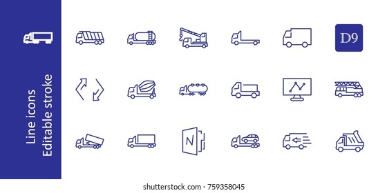 Truck Set of Transport Vector Line Icons. Contains such Icons as Truck, Transportation, Tow Truck, Cranes, Mixer, Garbage Truck, Manipulators, Delivery service and more. Editable Stroke. 32x32 Pixel