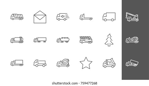 Truck Set of Transport Vector Line Icons. Contains such Icons as Truck, Transportation, Tow Truck, Cranes, Mixer, Garbage Truck, Manipulators, Delivery service and more. Editable Stroke. 32x32 Pixel