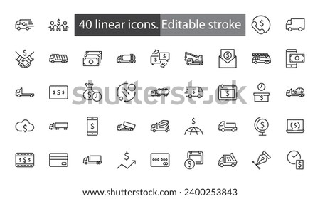 Truck Set of Transport Vector Line Icons. Contains such Icons as Truck, Transportation, Tow Truck, Cranes, Mixer, Garbage Truck, Manipulators, Delivery service and more. Editable Stroke. 32x32 Pixels
