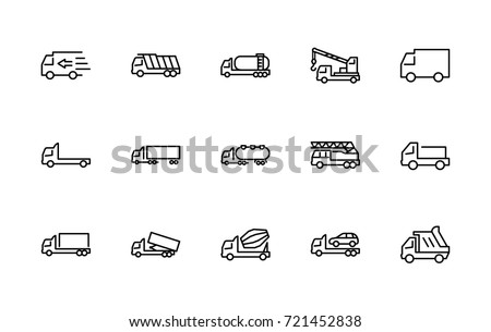 Truck Set of Transport Vector Line Icons. Contains such Icons as Truck, Transportation, Tow Truck, Cranes, Mixer, Garbage Truck, Manipulators, Delivery service and more. Editable Stroke. 32x32 Pixel