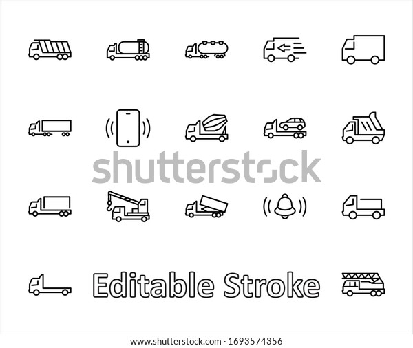 Truck Set of Transport Vector Line Icons. Contains
such Icons as Truck, Transportation, Tow Truck, Cranes, Mixer,
Garbage Truck, Manipulators, Delivery service and more. Editable
Stroke. 32x32 Pixels