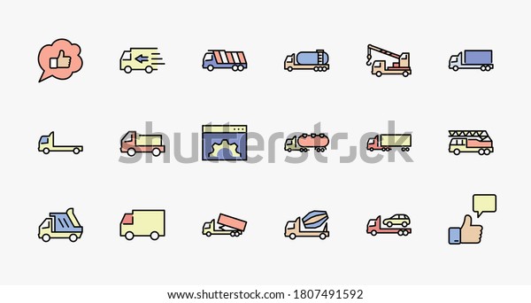 Truck Set of Transport Vector Line Icons. Contains
such Icons as Truck, Transportation, Tow Truck, Cranes, Mixer,
Garbage Truck, Manipulators, Delivery service and more. Editable
Stroke. 32x32 Pixel