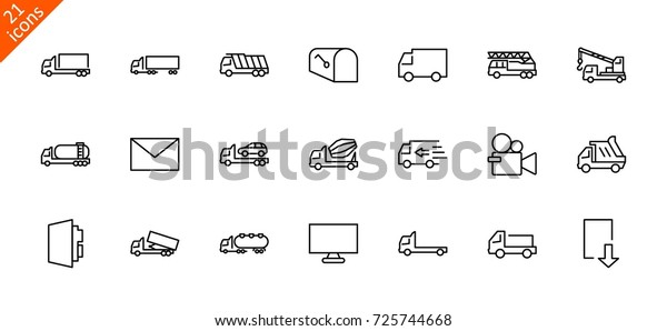 Truck Set of Transport Vector Line Icons. Contains such\
Icons as Truck, Transportation, Tow Truck, Cranes, Mixer, Garbage\
Truck, Manipulators, Delivery service and more. Editable Stroke.\
