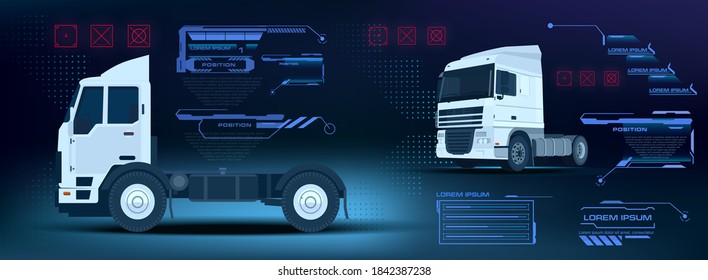 Truck with settings and options for a HUD style user interface. Automotive interface. Autonomous truck control system. Truck without trailer with electronic control system