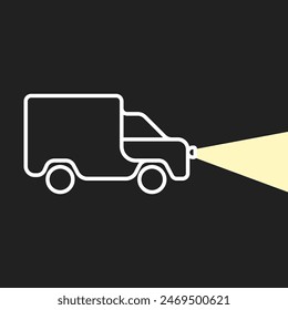The truck shines with headlights vector. A white truck on a black background is illuminated. Car light symbol. Concept logo for delivery service. Vector illustration.
