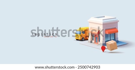 Truck, shop building, boxes, location, 3D. Logistics, delivery of goods, orders. Online store, warehouse. Merchandise. Vector illustration.