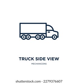 truck side view icon from mechanicons collection. Thin linear truck side view, view, truck outline icon isolated on white background. Line vector truck side view sign, symbol for web and mobile
