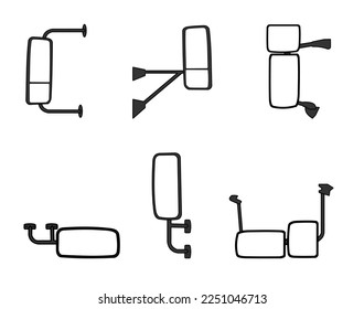 Conjunto de tipos de espejo de visión lateral del camión, línea vectorial n fondo blanco