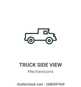 Truck side view outline vector icon. Thin line black truck side view icon, flat vector simple element illustration from editable mechanicons concept isolated stroke on white background