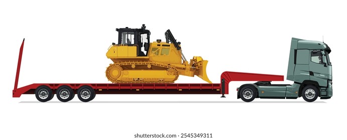 truck side view trailer load semi road haul dig big large long lorry bulldozer icon design template work build auto under work power drive carry cargo wheel mover

