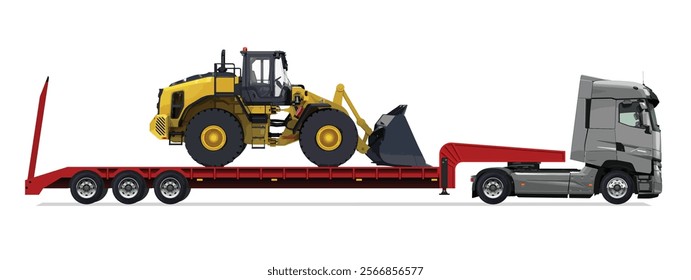 truck side view trailer load semi road haul dig big large long lorry bulldozer icon design template work build auto under work power drive carry cargo wheel mover