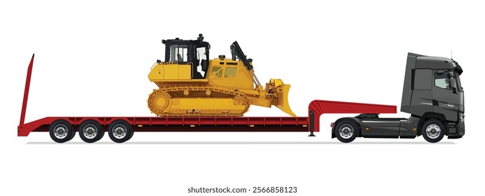 truck side view trailer load semi road haul dig big large long lorry bulldozer icon design template work build auto under work power drive carry cargo wheel mover
