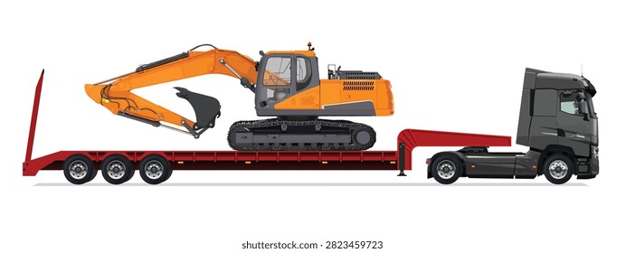 truck side view trailer load semi road haul dig big large long lorry excavator icon design template work auto under work power drive carry cargo wheel jcb komatsu sany mover

