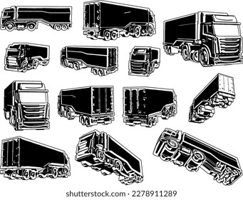 Silhouette de camión: Modelo 3D representado a partir de múltiples ángulos, Ilustración vectorial de modelo de camión 3D, modelo de camión 3D en diversas perspectivas, silueta 3D representada desde diferentes lados