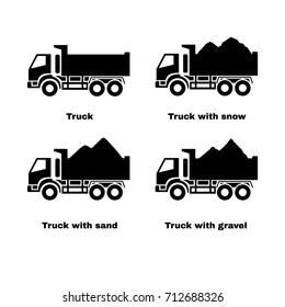 Truck silhouette. Black icons set. Lorry with sand, snow and gravel. Vector illustration.