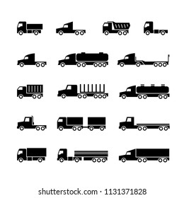 Truck silhouette icons. Shipping, cargo trukcs, dumpers and van. Transportation vector symbols. Transport trailer, van lorry, vehicle truck illustration