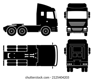 Truck silhouette on white background. Vehicle monochrome icons set view from side, front, back, and top
