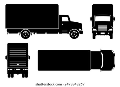 Silueta de camión sobre fondo blanco. Los iconos del vehículo se visualizan desde el lateral, la parte delantera y la parte trasera.