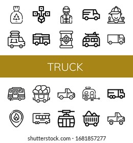 truck simple icons set. Contains such icons as Garbage, Food delivery, Distributed, Bus, Driver, Oil tank, Van, Camper, Mechanic, Cargo truck, can be used for web, mobile and logo