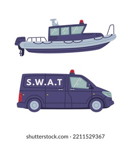 Truck with Siren and Motor Boat as SWAT Vehicle or Rescue Vehicle and Police Tactical Unit Vector Set