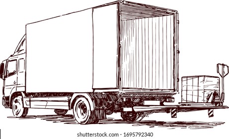 Truck with Slider Lift. Slider lift for truck. Lifting cargo. Sketch illustration