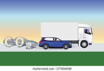 Vehículos de transporte público y de transporte público que emiten dióxido de carbono en la nube de CO2 de automóviles y camiones