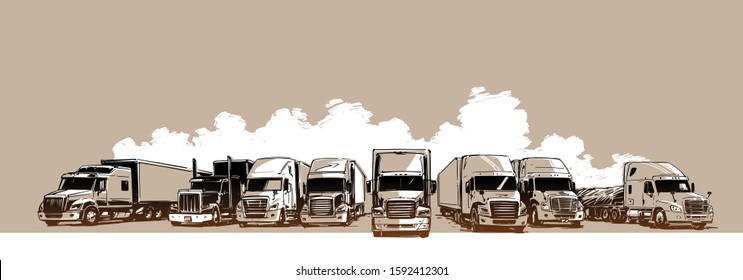 Truck Stop. Trucking Industry Concept. Hand Drawn Illustration