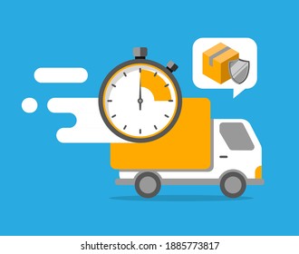 truck with stopwatch timer, fast and safe delivery concept illustration flat design vector eps10. graphic element for app or website ui, icon, infographic, ads, etc