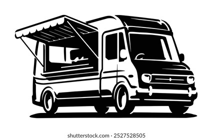 Truck store with open window. Retro transport shop. Hand drawn black and white vector illustration