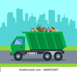 A Truck Takes Out Garbage From A City To A Landfill. Flat Vector Illustration