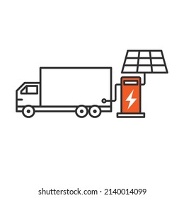 Truck Taking Charge From Solar Charging Station, Side View, Line Icon Illustration Vector Symbol