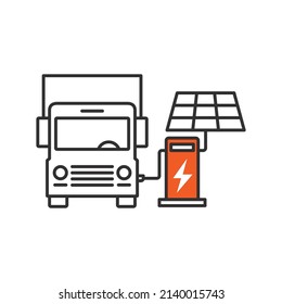 Truck Taking Charge From Solar Charging Station, Side View, Line Icon Illustration Vector Symbol