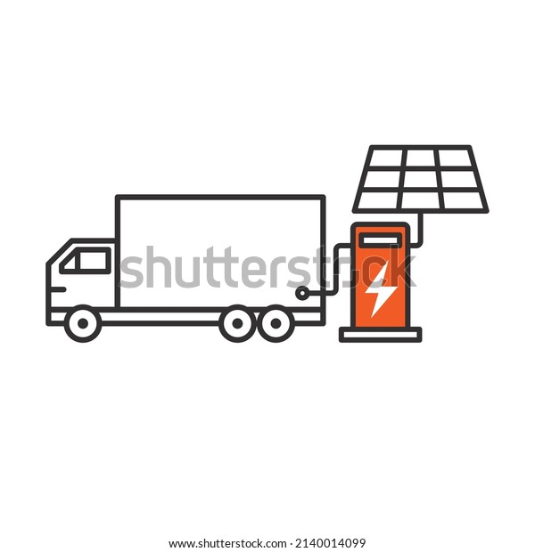 Truck taking charge from solar\
charging station, side view, line icon illustration vector\
symbol