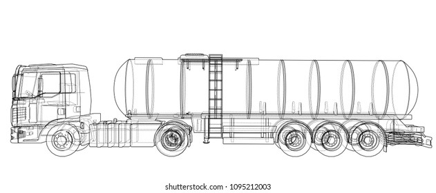 Truck with tank concept. Vector rendering of 3d. Wire-frame style. The layers of visible and invisible lines are separated