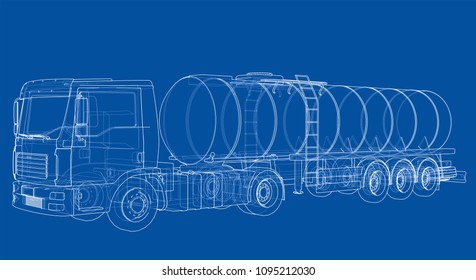 Truck with tank concept. Vector rendering of 3d. Wire-frame style. The layers of visible and invisible lines are separated
