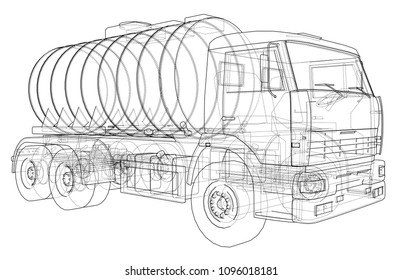 Truck with tank concept. Vector rendering of 3d. Wire-frame style. The layers of visible and invisible lines are separated