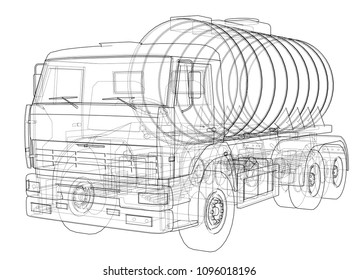 Truck with tank concept. Vector rendering of 3d. Wire-frame style. The layers of visible and invisible lines are separated