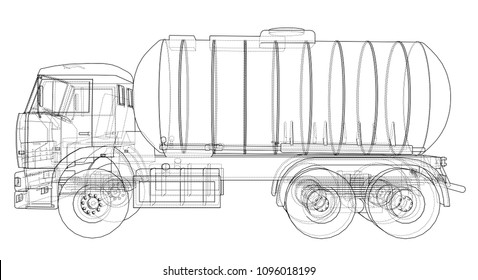 Truck with tank concept. Vector rendering of 3d. Wire-frame style. The layers of visible and invisible lines are separated