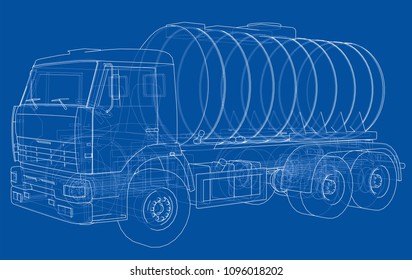 Truck with tank concept. Vector rendering of 3d. Wire-frame style. The layers of visible and invisible lines are separated