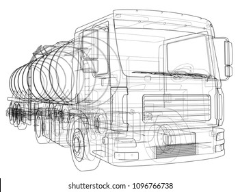 Truck with tank concept. Vector rendering of 3d. Wire-frame style. The layers of visible and invisible lines are separated