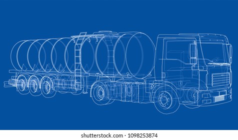 Truck with tank concept. Vector rendering of 3d. Wire-frame style. The layers of visible and invisible lines are separated