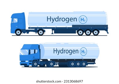 Truck with a tank for transporting liquid hydrogen. Set of two views. Vector illustration.