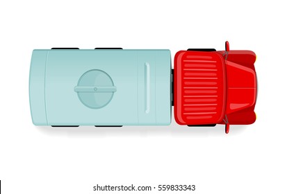 Truck with tanker top view icon. Lorry with cistern vector illustration isolated on white background. Cargo transportation. Commercial auto. For transport company ad, infographics, logo, web design