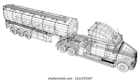 Truck with tanker vector. Isolated on white. Vehicle mockup. Created illustration of 3d. Wire-frame.